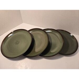 Set of 4 Earth‎ Tones Stoneware Dinner Plates Speckled Green Brown Rim 8.5 inch